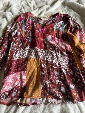 Boho Patchwork V-Neck Women's Top in Burgundy and Mustard - Unknown Brand